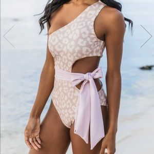 Pink Lily Boutique Tropic Taupe Ribbed One Shoulder Animal Print Swimsuit
